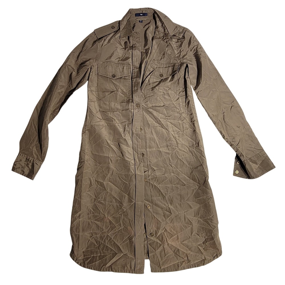 Gap Women Olive Green Military Utility Shirt Dress Long Sleeve Size 0 Epaulets